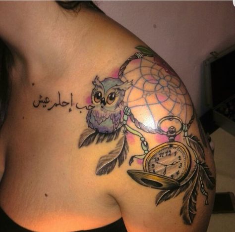 Owl dreamcatcher tattoo Owl Dreamcatcher Tattoo For Women, Owl Dreamcatcher Tattoo, Colorful Owl Tattoo, Owl Dreamcatcher, Dope Tattoos For Women, Owl Tattoo, Beautiful Body, Dope Tattoos, Thigh Tattoo