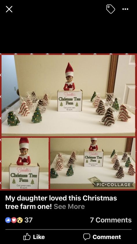 Christmas Tree Farm Elf Christmas Tree Farm, Elf Tree Farm, Elf Shenanigans, Shelf Inspiration, Elf Tree, Elf Christmas Tree, Elf Magic, Elf Antics, Elf Fun