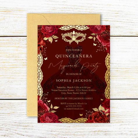 Masquerade Party Red Gold Rose Dress Quinceanera Foil Invitation - tap/click to get yours right now! #FoilInvitation #quinceanera, #birthday, #15th #rose, #dress, Gold Rose Dress, Quinceanera Masquerade, Masquerade Party Invitations, Invitations Quinceanera, Dress Quinceanera, Quinceanera Party, Foil Invitations, Quinceanera Invitations, Masquerade Party