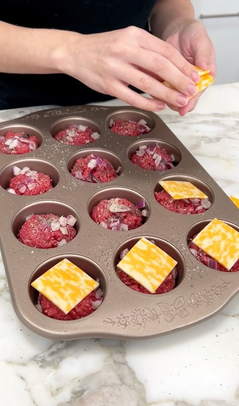 This dinner recipe is a game changer | muffin, hamburger, dinner, recipe | This dinner recipe is a game changer I make yummy burger sliders using my muffin tin. | By Justine Kameron Muffin Tin Burger Bites, Burger Muffin Tin, Muffin Tin Hamburger Recipes, Hamburger Bites In Muffin Tin, Appetizers Using Hamburger Meat, Mini Burgers In Muffin Tin, Hamburger In Muffin Pans, Sliders In Muffin Tin, Muffin Tin Burger Sliders