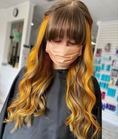 Yellow hair Mustard Hair Color, Yellow Chunky Highlights, Brown Hair With Yellow Highlights, Yellow Money Piece Hair, Yellow Peekaboo Hair, Chunky Peekaboo Highlights, Yellow Hair Highlights, Brown Hair Yellow Highlights, Yellow And Brown Hair