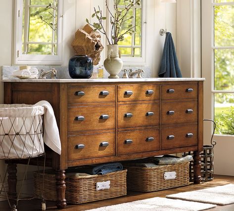 pottery barn bathroom | It's the Harvest Double Sink Console . I thought the french wire ... Pottery Barn Bathroom Vanity, Vanity Hardware, Apothecary Bathroom, Pottery Barn Bathroom, Recessed Medicine Cabinet, Steampunk House, Kitchen Cabinet Hardware, Character Home, Design Del Prodotto