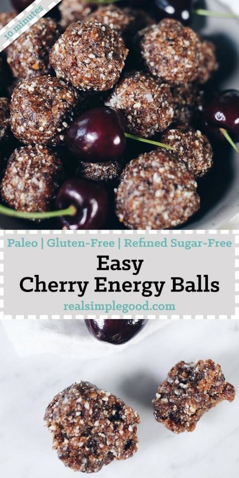 Snacks like these easy cherry Paleo energy balls are great! Just grab a couple and go! You'll have a quick and tasty bite to keep you fueled! Paleo, Gluten-Free, Refined Sugar-Free. | realsimplegood.com Paleo Energy Balls, Paleo Recipes Snacks, Energy Bites Recipes, Delicious Paleo Recipes, Energy Ball Recipe, Energy Balls, Easy Snack Recipes, Paleo Snacks, Healthy Sweets Recipes