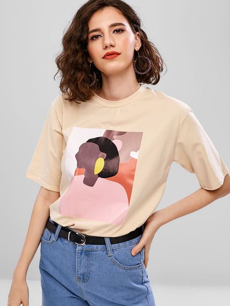 Round Neck Portrait Graphic Tee  APRICOT WHITE , #Ad, #Graphic, #Portrait, #Neck, #WHITE, #APRICOT #Ad Neck Portrait, Type Portrait, Ty Dye, Portrait Graphic, Tee Shirts For Women, T Shirt Painting, Black T Shirts, Shirts Graphic, Shirt Design Inspiration