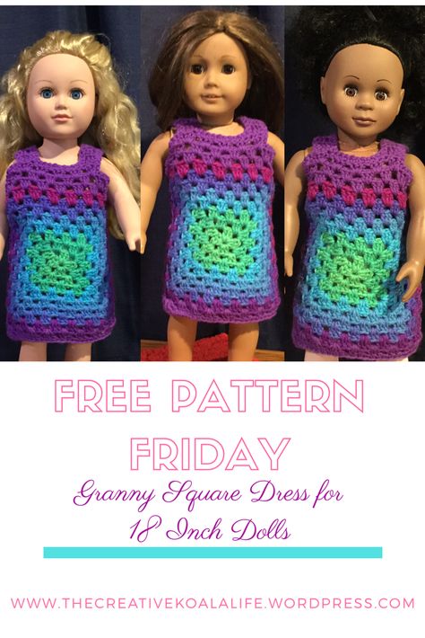 Free pattern Friday once again on my blog! Get this lovely granny square dress designed for 18 inch dolls, American Girl, My Life as, Battat, fast and easy crochet pattern ❤ Crochet Dolls Clothes Free Patterns Easy, Crochet American Doll Clothes Free Pattern, 15 Inch Doll Clothes Patterns Free Crochet, Crochet American Girl Doll Clothes Free, Crochet 18inch Doll Clothes Free Pattern, Crochet American Girl Doll Clothes, Crochet 7 Inch Doll Clothes, Crochet Baby Hats Girl, Baby Dress Pattern Free