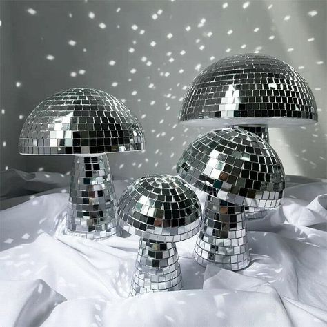 • With the shininess from the real glass tiles, mirror balls can also be decorative items for homes, offices, and wedding centerpieces. It adds a glamorous looking to the spot. • These Mushrooms are formed out of styrofoam, and finished with mirrored glass tiles, with shiny lights and flickering effects, individually adhered to perfectly mimic a 'wild? disco mushroom ball! Mushroom Disco Ball for bar, Party, Room, Table Decor Mirror Disco Ball Mushroom Shape Home Art Decorations Boho Mirror Decor, Mirror Mushroom, Mushroom Disco Ball, Amazing Centerpieces, Disco Mushroom, Kids Mirrors, Disco Decorations, Boho Mirror, Acrylic Wall Decor