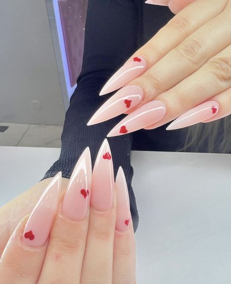 Long Pink Almond Nails, Sharp Nails Pink, Pink Acrylic Nails Pointy, Pink Stiletto Valentines Nails, Pink Sharp Almond Nails, Nails With Stiletto Pinky Nail, Long Almond Nails, Nails Tumblr, Pointy Nails