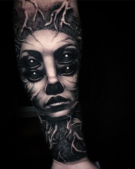 Evil Tattoos Demons Dark Art, Evil Tattoo Designs, Shen Long Tattoo, Lace Tattoo Design, Evil Tattoo, Skull Sleeve Tattoos, Gangsta Tattoos, Demon Tattoo, Scary Tattoos