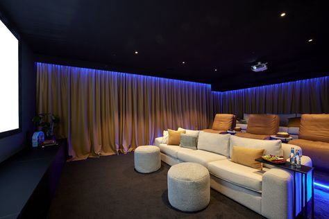 At home cinema room in basement At Home Cinema, Black Exterior Doors, Basement Home, Home Cinema Room, Cinema Movie, At Home Movie Theater, Cream Sofa, Home Theatre, Blue Led Lights