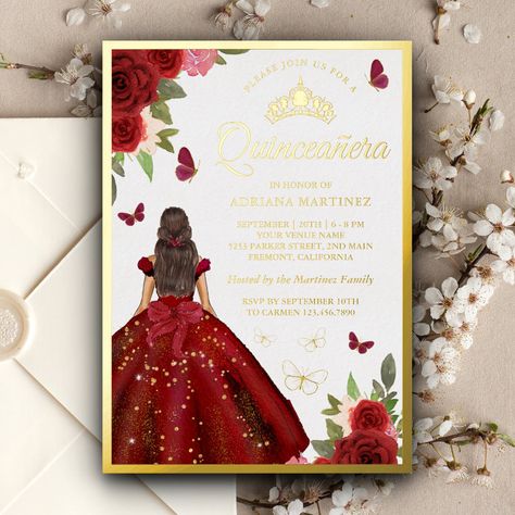 Burgundy Floral Dress Butterfly Quinceanera Gold Foil Invitation - tap, personalize, buy right now! #FoilInvitation #quincea&241;era, #shiny #luxury #glam #girly Red Quince Invitations Template Blank, Fancy Crown, Invitations Quinceanera, Red Quince, Burgundy Floral Dress, Quince Invitations, Butterfly Invitations, Dress Butterfly, Gold Foil Invitation