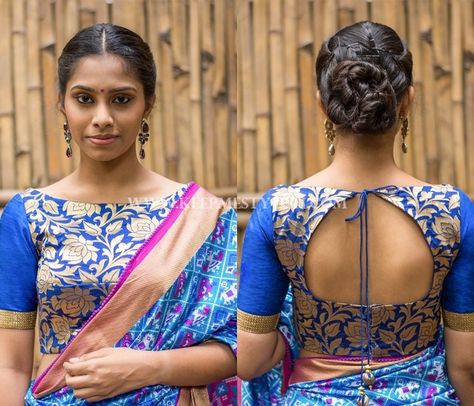 https://keepmestylish.com/2017/07/floral-blouses-designs-for-sarees/ Brocade Blouse Designs, Blouse Tutorial, Blouse Designs High Neck, Boat Neck Blouse Design, Cotton Blouse Design, Blouse Designs Catalogue, Blouse Stitching, Boat Neck Blouse, Backless Blouse Designs