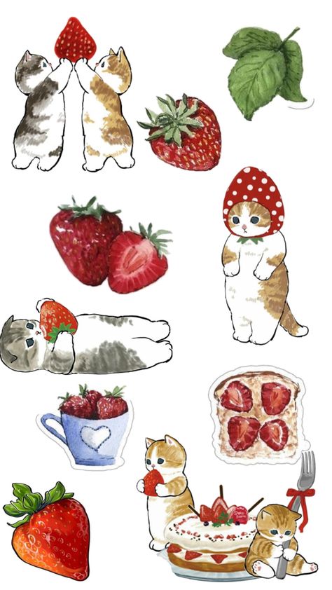 Strawberry Sticker Aesthetic, Mofusand Strawberry, Recortes Aesthetic, Strawberry Stickers, Strawberry Sticker, Photowall Ideas, Strawberry Cat, Scrapbook Printing, Iphone Case Stickers