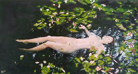 An acrylic painting of a nude female figure floating in a body of water alongside algae, fallen leaves, on A4 230g/m paper by Ruth Coetzer created during day 35-40 for #the100dayproject Body In Water Painting, Woman In Lake Painting, Body In Water Drawing, Body In Water Reference, Floating Body Reference Drawing, Woman Lying In Water, Person Floating In Water Reference, Woman Floating In Water Tattoo, Floating Woman Drawing