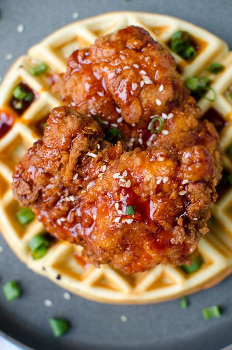 Korean Fried Chicken and Scallion Waffles with Gochujang Maple Syrup - Crumb Kisses Korean Fried Chicken And Waffles, Korean Chicken And Waffles, Scallion Waffles, Fried Food Ideas, Waffles And Chicken, Chicken And Waffles Recipe, Fried Chicken Waffles, Savory Cornbread, Cornbread Waffles