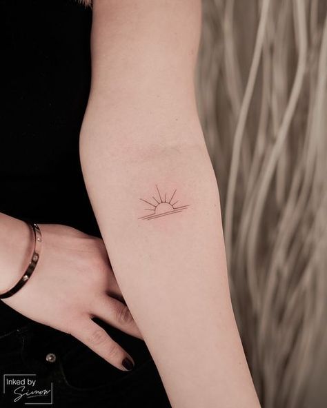 Radiant Sun Tattoo, Small Rising Sun Tattoo, Sunset Minimal Tattoo, Sunshine Fine Line Tattoo, One Line Sun Tattoo, Sun Rising Tattoo, Mini Sun Tattoo, Sun Tattoo Fine Line, Floral Sun Tattoo