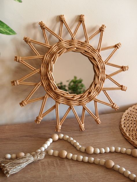 Rattan Sun Sunburst Mirror Wall Art Decor Minimalist Modern Boho Round Woven Wicker Hanging Handmade Decoration Cozy Living room Bedrum Nursery. See more in my store😍 Boho Tabletop Mirror, Boho Rattan Mirror, Rattan Round Mirror, Boho Mirror Sun Shaped, Boho Wooden Sun Mirror, Sunburst Mirror Wall, Wicker Mirror, Rattan Mirror, Wicker Decor