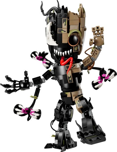 When the cute Baby Groot and the gruesome alien Venom combine, you get LEGO Marvel Venomised Groot. This movable, transformable figure is a great way to put Marvel excitement into the hands of fans aged 10+. Baby Groot gets a Venom makeover with adaptations like Venom's long tongue, sharp teeth, tentacles, and large white eyes. The figure's movable arms, legs, hips, and head allow for endless imaginative adventures. Builders can use the LEGO Builder app for digital fun. #ad Venomized Groot, Groot Toy, Lego Shop, Groot Marvel, Shop Lego, Lego Super Heroes, Marvel Action Figures, Lego Figures, Sharp Teeth