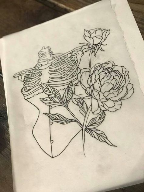 Skeleton Rib Cage Drawing, Torso Tattoos For Women, Corset Skeleton, Rib Cage Drawing, Cage Drawing, Skeleton Flowers, Skeleton Rib Cage, Art Exercises, Floral Skeleton