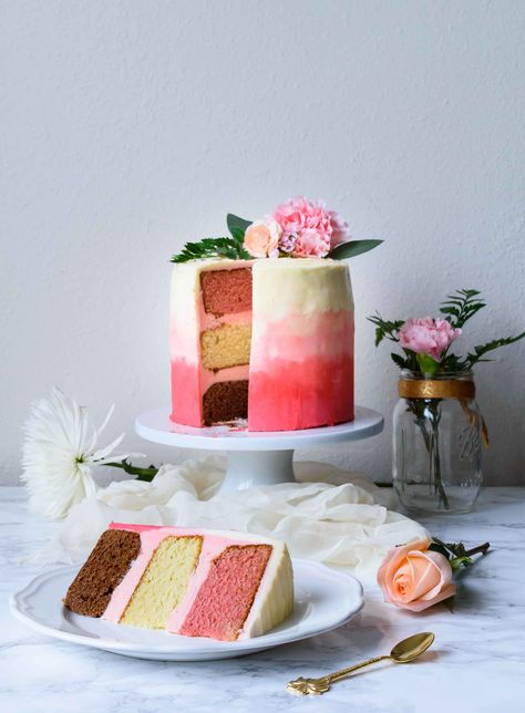 Vanilla And Strawberry Cake, Vanilla Strawberry Cake, Neopolitan Cake, Neapolitan Cake, Simple Sugar Syrup, Three Tier Cake, Torte Cupcake, Bowl Cake, Ombre Cake