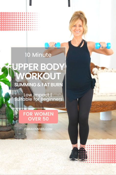 I’m sure you'll love this! This 10-minute UPPER BODY WORKOUT WITH DUMBBELLS is designed for mature beginners and women over 50 who are looking to improve their fitness. Back, shoulders, and chest exercises will definitely increase our strength. To achieve the best results, perform upper body exercises a few times a week. Follow the workout routine here! #womenswellness #wellnesslife #getfitnow Upper Body Workout With Dumbbells, Upper Body Dumbbell Workout, Upper Body Exercises, Upper Body Workout For Women, Best Workout For Women, Workout With Dumbbells, Good Arm Workouts, Oblique Workout, Back Fat Workout