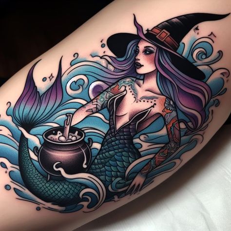 Undead Mermaid Tattoo, Sailor Jerry Octopus Tattoo, Witch Mermaid Tattoo, Warrior Mermaid Tattoo, Mermaid Scale Tattoo Designs, Witchy Mermaid Tattoo, Spooky Mermaid Tattoo, Sea Witch Tattoo Ideas, Mermaid Theme Tattoo