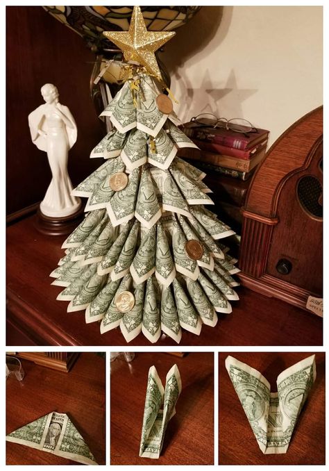 Diy Money Christmas Tree, Dollar Bill Christmas Tree, Christmas Money Tree Ideas, Money Christmas Tree Dollar Bills, How To Fold Money For Gifts, Money Cake Ideas Dollar Bills, Money Tree Ideas, Christmas Money Tree, Money Christmas Tree