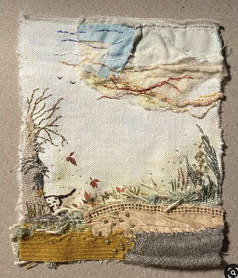 Fabric Collage Ideas Art Projects, Sewn Paper Art, Autumn Slow Stitching, Embroidery On Sheer Fabric, Fabric Art Journal, Fabric Collage Ideas, Art With Fabric, Recycled Fabric Art, Quilted Art