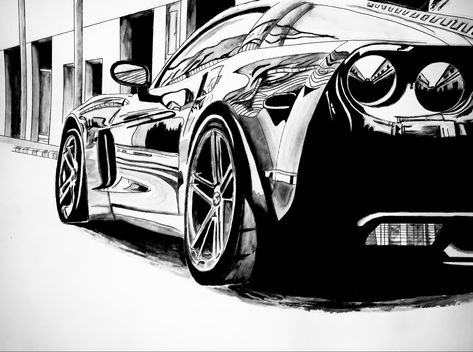 Black And White Car Drawing, Corvette Drawing, Car Drawing, Cool Car Drawings, White Car, White Gel Pen, Tshirt Ideas, Black Car, Black And White Drawing