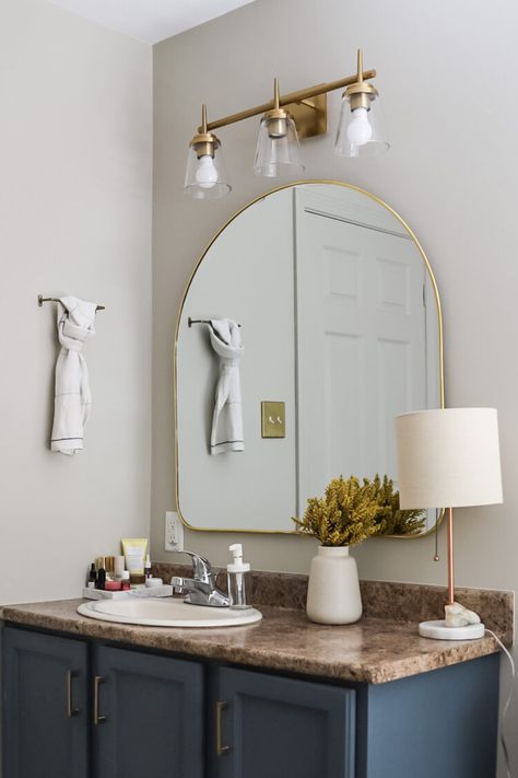 Arch Mirrors Double Vanity, Main Bathroom Mirror, Arched Gold Bathroom Mirror, Arched Mirror Bathroom Vanity, Bathroom Mirror Arch, Curved Mirror Bathroom, Bathroom Lighting Over Arched Mirror, Vanity Lights Over Arched Mirror, Arched Vanity Mirror Bathroom