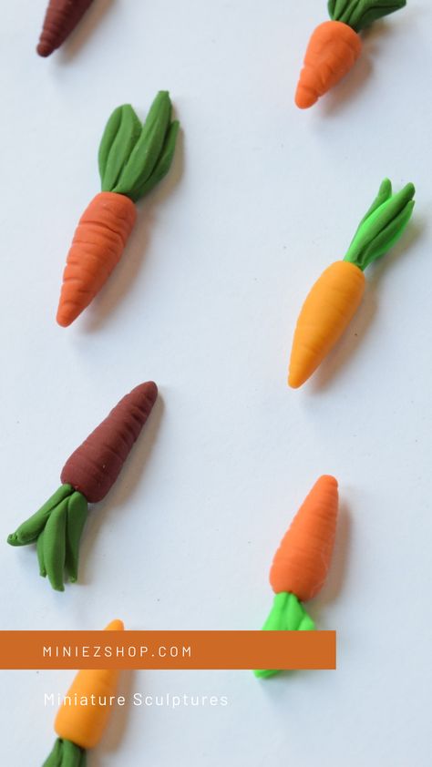 Learn how to sculpt miniature clay carrots with Miniezshops Elizabeth. Click to sculpt your own! Clay Carrot, Bake Clay, Miniature Polymer Clay, Clay Inspo, Oven Bake Clay, Miniature Clay, Clay Magnets, Fruits For Kids, Polymer Clay Miniatures