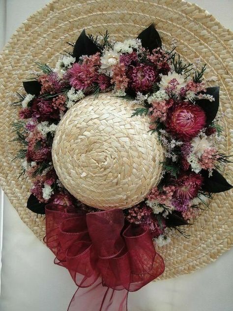 Straw Hat Crafts, Hat Wreath, Easter Hats, Fabric Wreath, Hat Decoration, Flower Hat, Flowers Dried, Floral Hat, Floral Craft