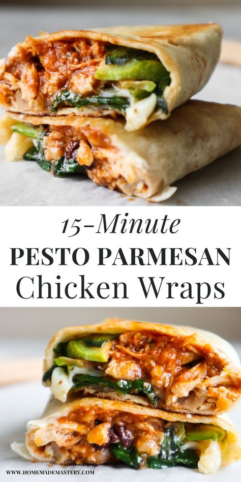 Parmesan pesto chicken wraps! You'll love these amazing chicken wraps for lunch. Ready in 15 minutes, this is such a tasty and easy lunch idea! Chicken Wrap Recipes Healthy Lunch Ideas, Pesto Chicken Wrap, Healthy Chicken Wraps, Pregnancy Lunch Ideas, Chicken Tortilla Wraps, Tomato Pesto Chicken, Pesto Wrap, Chicken Wraps Healthy, Easy Lunch Idea