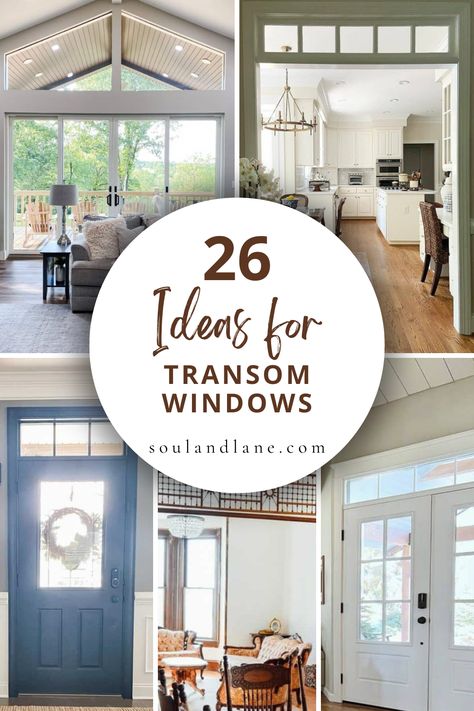 Position transom windows above entry doors for a grand entrance or above interior doors to maintain privacy while allowing light to permeate between rooms. Opt for decorative glass patterns to add artistic flair or clear glass to keep the look sleek and modern. In living areas or kitchens, transom windows can be used to frame existing windows or doors, maximizing views and the sense of space. These versatile additions seamlessly blend functionality with aesthetic appeal, making them a perfect ch Glass Transom Over Door, Transom Windows Exterior Modern, Add Transom Window, Kitchen Transom Windows, Patio Door With Transom Window, Interior Doors With Transom Windows, Indoor Transom Window, Diy Transom Windows Interior, Transom Front Door