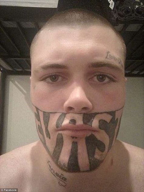 Gangster with 'notorious' tattooed on his face responds to 50 Cent's mocking - and challenges him to a face-to-face meeting Bad Face Tattoos, Hammer Tattoo, Facial Tattoos, Mask Tattoo, Bad Tattoos, Knee Tattoo, Small Tattoos For Guys, Face Tattoos, Halloween Tattoos