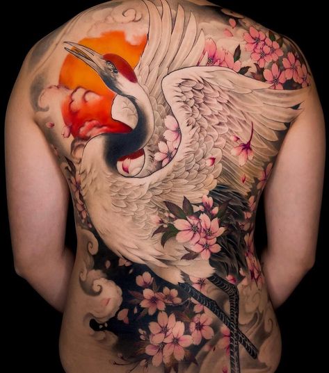 japanese cherry blossom tattoo on back - Design of stylish japanese tattoos of different flowers ⼼ meanings of japanese flower tattoos on the body ✔ sleeves ✔ neck ✔ legs ❧ Cool examples of large and small tattoos in men and women Cherry Blossom Tattoo On Back, Japanese Flower Tattoos, Japanese Cherry Blossom Tattoo, Traditional Back Tattoo, Harmony Tattoo, Hop Tattoo, Crane Tattoo, Japanese Flower Tattoo, Buddha Tattoo Design