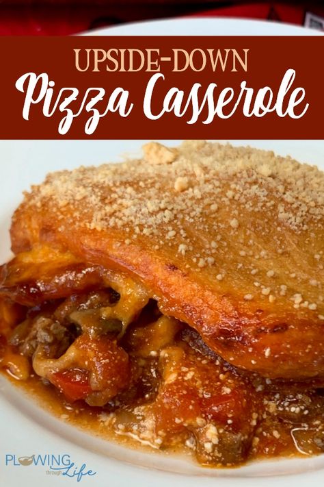 This Upside Down Pizza Casserole is so easy to make and our family loves this meal! Mix up your favorite pizza ingredients and put refrigerated crescent roll dough on top, then sprinkle with parmesan cheese and an easy meal is ready to go in about 30 minutes! We love ground beef, fresh mushrooms and pepper with pepperoni and mozzarella cheese but you can add whatever vegetables you enjoy! Pizza Casserole With Crescent Rolls, Pepperoni And Mozzarella, Quick Easy Family Meals, Upside Down Pizza, Dinner Board, Crescent Roll Pizza, Pizza Casserole, Crescent Roll Recipes, Pizza Ingredients