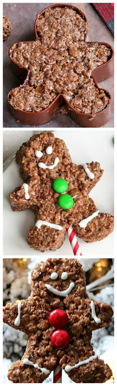 Chocolate Rice Krispie Gingerbread Men Pops ~ Adorable and delicious! Rice Crispy Treats Christmas, Rice Krispie Treats Christmas, Healthy Christmas Snacks, Rice Cereal Treats, Gingerbread Cottage, Easy Christmas Treats, Cereal Treats, Healthy Christmas, Sugar Sugar