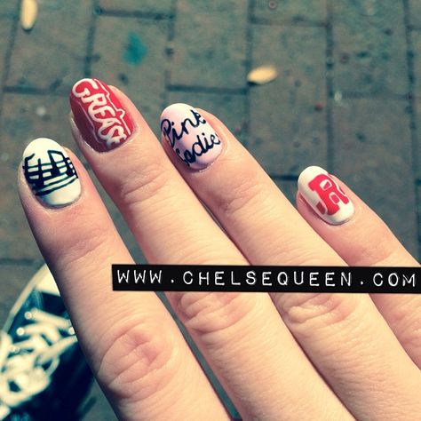 Grease Nails, Challenge Nails, Pink Ladies Grease, Greaser Hair, Grease Movie, Nail Glam, Skirt Costume, Poodle Skirt, Inspired Nails