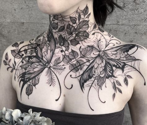 Badass Tattoos For Women, Chest Tattoo Designs Female, Chest Neck Tattoo, Moth Tattoo Meaning, Full Neck Tattoos, Gotik Tattoo, Full Chest Tattoos, Throat Tattoo, Neck Tattoos Women