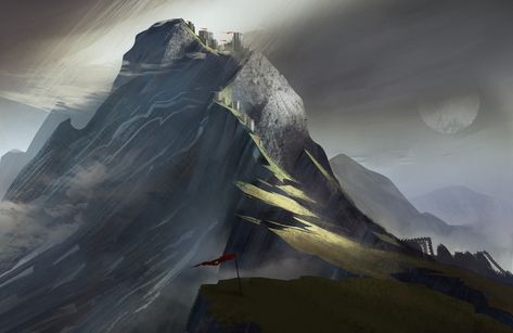 Fantasy Art Mountain, Medieval Environment, Matte Paintings, Desktop Background Images, Mountain Pass, Earth Atmosphere, Fantasy Worlds, Horse Silhouette, Mountain Wallpaper