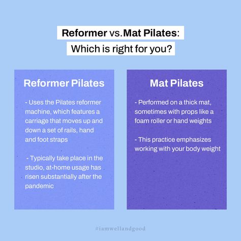 If you’re unsure about the difference between reformer Pilates and mat Pilates, first know that experts say both will benefit your health. Learn more about the two and how to choose the best option for you, at the link in our bio! #iamwellandgood Reformer Pilates, Hand Weights, Mat Pilates, Foam Roller, Pilates Reformer, The Two, Body Weight, Pilates, Two By Two