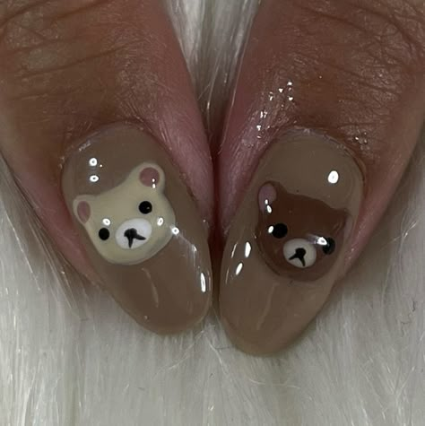 Teddy Bear Almond Nails, Teddy Nail Art, Bear Nail Design, Bear Nails Designs, Cute Bear Nails, Teddy Nails, Teddy Bear Nail Art, Teddy Bear Nails, Iconic Nails