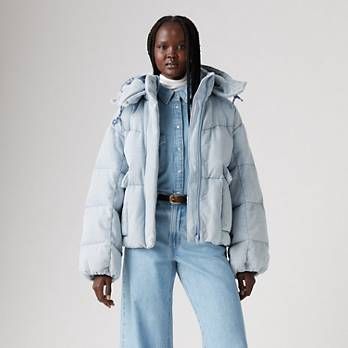 Denim Puffer Jacket, Light Wash Levis, Puffer Jacket, Zip Up, Levi's, Zip Ups, Puffer, Bubbles, Clothes