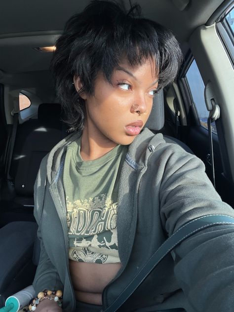 Artsy blk girl short hair tomboy cut pixie cut short mullet Short Mullet Black Women, Black Woman Mullet Hair, Pixie Mullet Black Women, Mullet Hairstyle Women Short, Girl Mullet Short, Pixie Cut On Plus Size Women, Girl Short Hair Tomboy, Black Mullet Aesthetic, Fluffy Pixie Cut Black Women