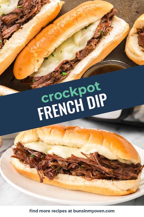 This French Dip Sandwich is one of the most popular recipes we have published! It's such an easy recipe and it's made in the crockpot. Your whole family will love this one and your house will smell amazing while these are in the slow cooker. Crockpot French Dip, French Dip Recipe, Crock Pot French Dip, French Dip Sandwich Crockpot, French Dip Recipes, French Dip Crock Pot, French Sandwich, French Dip Sandwiches, Dip Sandwiches