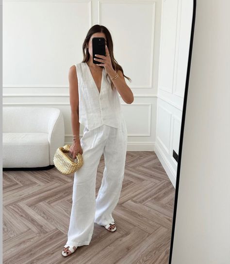 Dissh white linen set Linen Set Outfit, White Linen Set, White Tops Outfit, Linen Waistcoat, White Waistcoat, Linen Pant, White Linen Pants, Mommy Style, Disco Outfit