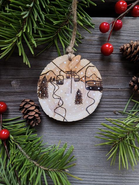 Handmade Christmas woodburnt ornament Ski Ornaments, Hill Painting, Ski Hill, Ornament Ideas, Utila, Wooden Ornaments, Wood Burning, Handmade Christmas, Wood Projects