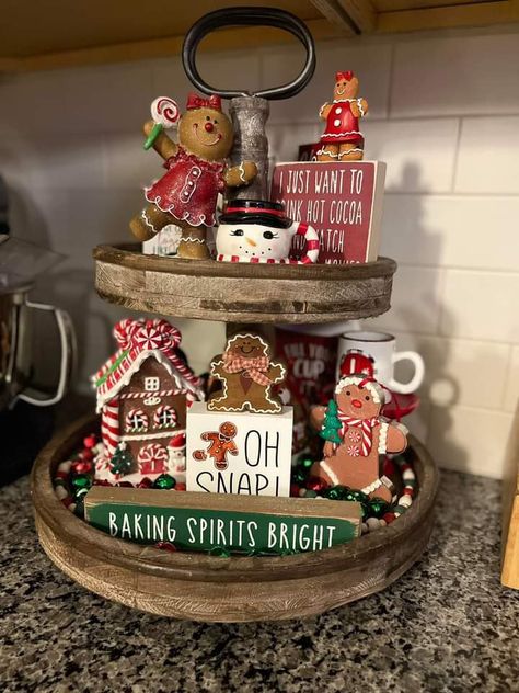 Gingerbread Tiered Tray Decor, Gingerbread Tiered Tray, Christmas Tray Decor, Christmas Themed Cake, Chirstmas Decor, Gingerbread Party, Tray Decor Christmas, Gingerbread Crafts, Gingerbread Christmas Decor