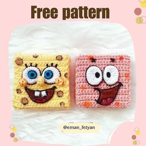 Spongebob Crochet, Crochet Instagram, Crochet Hair Clips, Free Toys, Crochet Square Patterns, Crochet Square, Square Patterns, Crochet Patterns For Beginners, Crochet Toys Patterns