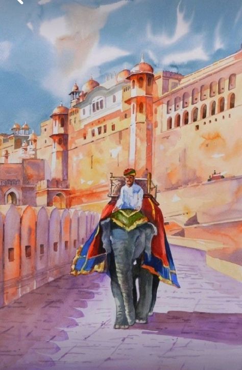 Mumbai Watercolor Painting, Indian Monuments Paintings, Jaipur Painting, Ghat Painting, Oil Painting App, Watercolor Indian, Rajasthani Art, Indian Illustration, Indian Art Gallery